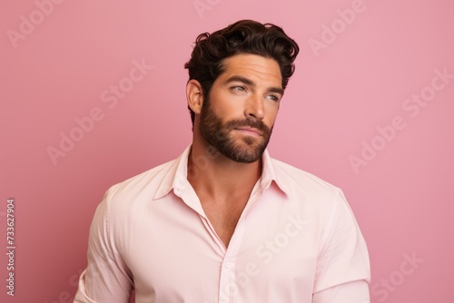 Portrait of a handsome young man in shirt on pink background.