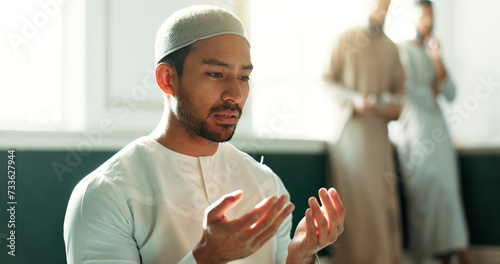 Islam, prayer and man in mosque with faith, mindfulness and gratitude with commitment to faith. Worship, religion and Muslim person in holy temple praise, spiritual teaching and learning with peace. photo