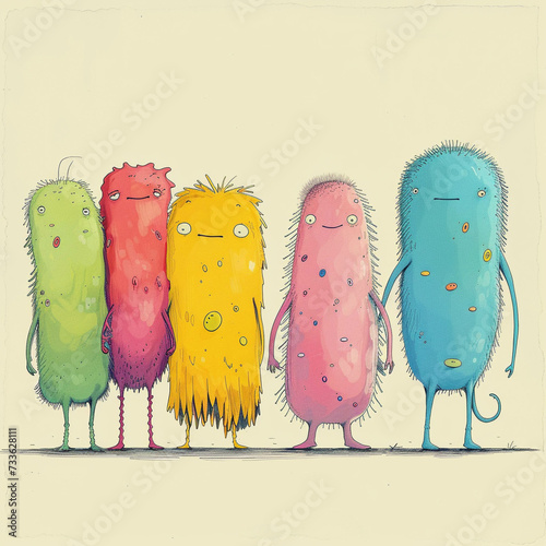 Create a minimalist cartoon series featuring friendly bacteria characters