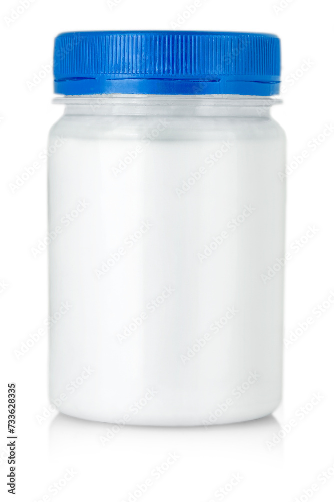 White jar with blue cap without label isolated on a white background White jar with blue cap without label isolated on a white background