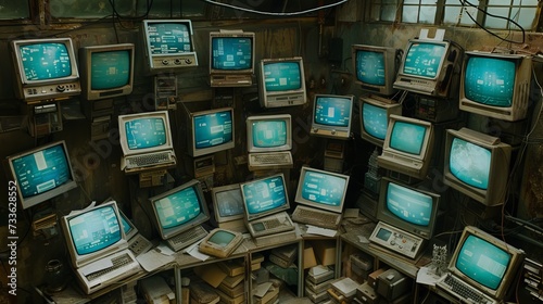 A large number of old computers in a pile photo