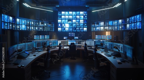 Huge room with hundreds of surveillance monitors, on, night, big brother, spy room