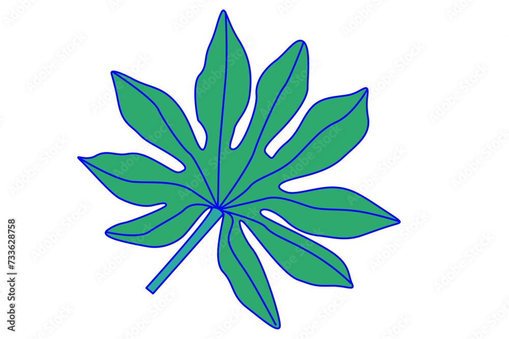 Green palm leaf illustration with blue outlines on white background. Simple botanical drawing. Nature and ecology concept design for print, poster, and educational material