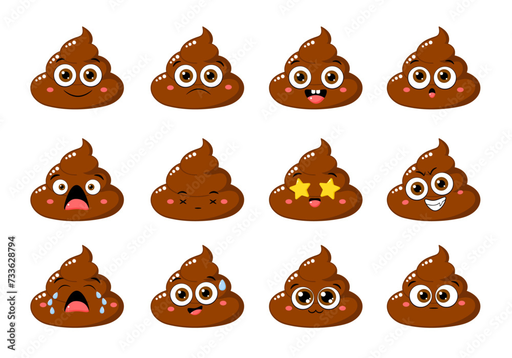 Collection of Cute funny poop with different mood. Set of cartoon poo emoji faces in different expressions - happy, sad, cry, fear, crazy Collection of Cute funny poop with different mood. Set of cartoon poo emoji faces in different expressions - happy, sad, cry, fear, crazy