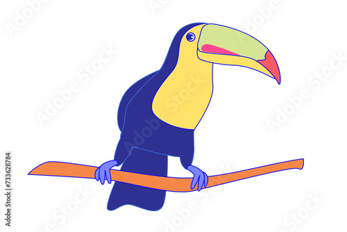 Cartoon toucan on a branch isolated on white background. Tropical bird illustration. Design for educational material, children's book, and sticker