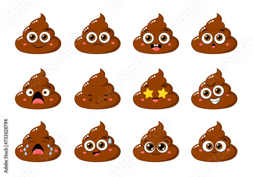 Collection of Cute funny poop with different mood. Set of cartoon poo emoji faces in different expressions - happy, sad, cry, fear, crazy