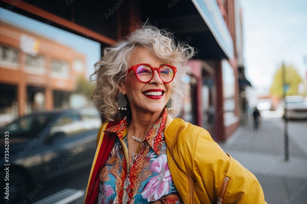 Portrait of smiling senior woman in red glasses on the street.