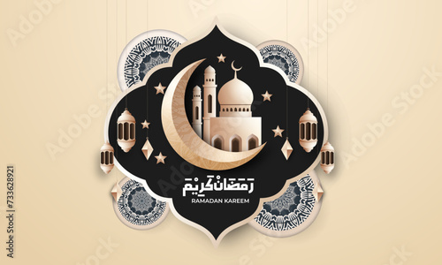 Realistic ramadan background with mosque, lantern, for banner, greeting card