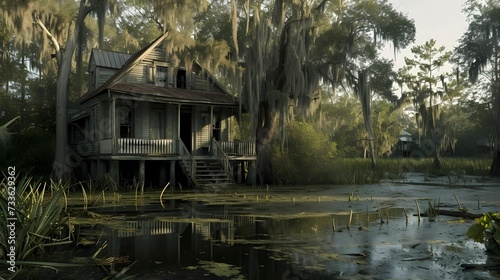 Abonded house in natural swamp.