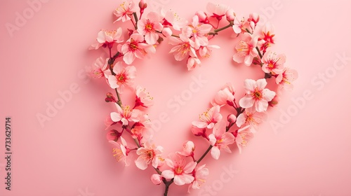 Heart made of pink sakura flowers on pink background, flat lay