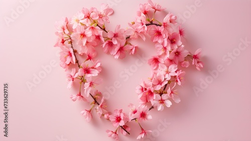 Heart made of pink sakura flowers on pink background, flat lay