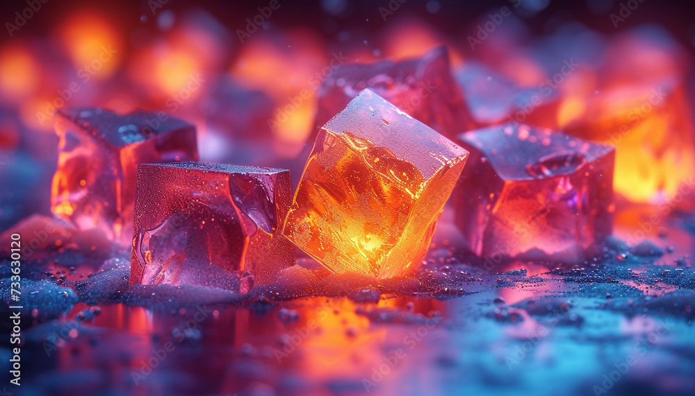 Illuminated ice cubes glow with internal fire, nestled on a reflective surface amidst shards.