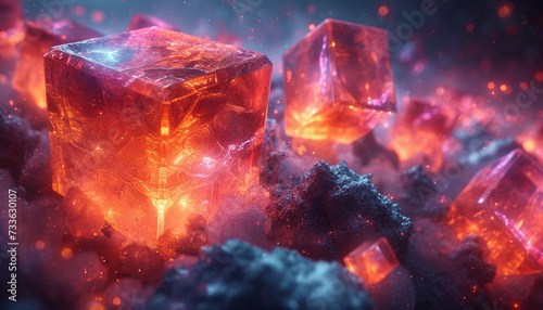 Glowing pink crystals on a dark surface  exuding an otherworldly neon luminescence.