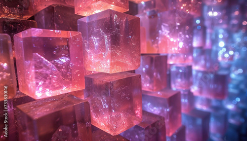 A multitude of luminous geometric blocks in a mystical arrangement, bathed in pink and blue hues.