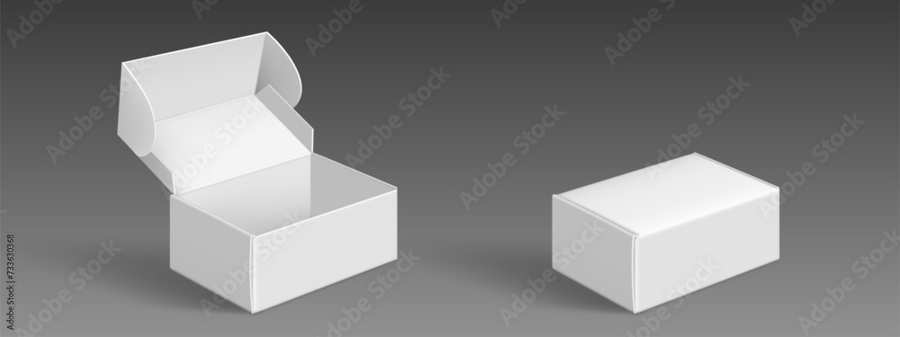 White cardboard box mockup set isolated on gray background. Vector realistic illustration of open and closed carton packages, mail delivery, gift packaging, parcel with blank surface, isometric view White cardboard box mockup set isolated on gray background. Vector realistic illustration of open and closed carton packages, mail delivery, gift packaging, parcel with blank surface, isometric view
