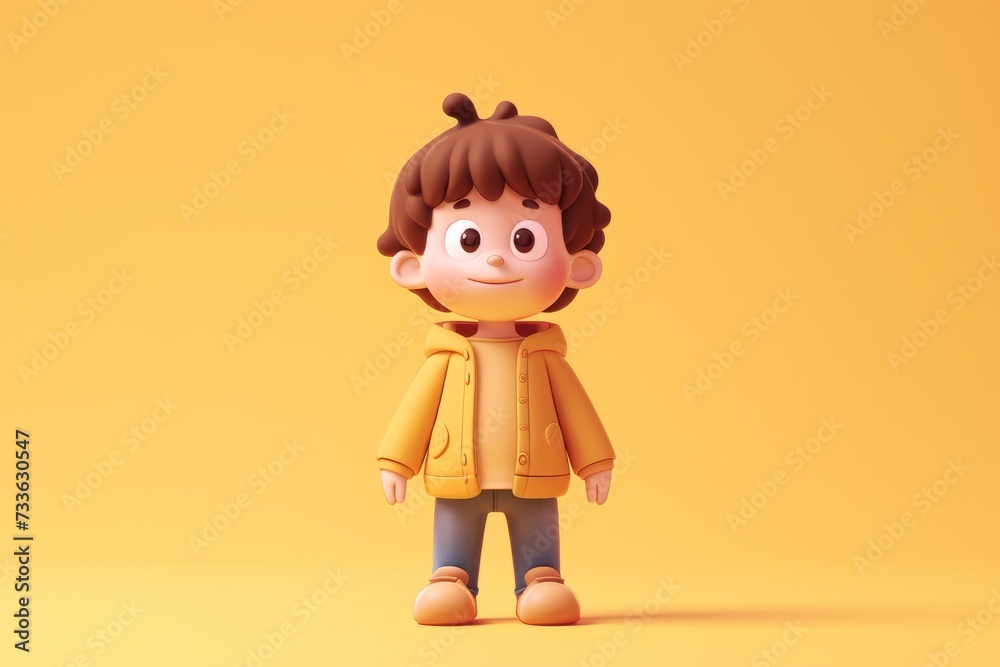 cartoon child with a yellow jacket on a plain orange background.