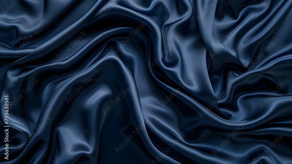 Dark blue silk satin. Soft folds. Fabric. Navy blue luxury background. Space for design.Wavy lines.Banner. Wide.Long. Flat lay, top view table. Beautiful. Elegant Dark blue silk satin. Soft folds. Fabric. Navy blue luxury background. Space for design.Wavy lines.Banner. Wide.Long. Flat lay, top view table. Beautiful. Elegant