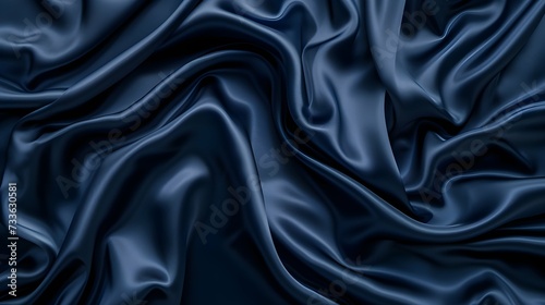 Dark blue silk satin. Soft folds. Fabric. Navy blue luxury background. Space for design.Wavy lines.Banner. Wide.Long. Flat lay, top view table. Beautiful. Elegant