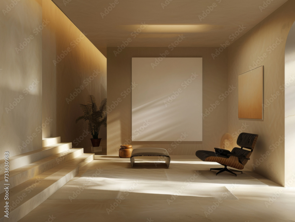 Fototapeta premium minimalist living room with large blank canvas on a textured wall, illuminated by natural light from window.