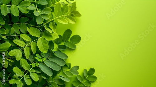 Fresh spring moringa leaves on vibrant green background with copy space, symbolizing natural wellness and herbal health concepts photo