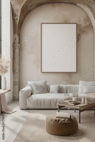 minimalist living room with large blank canvas on a textured wall, illuminated by natural light from window.