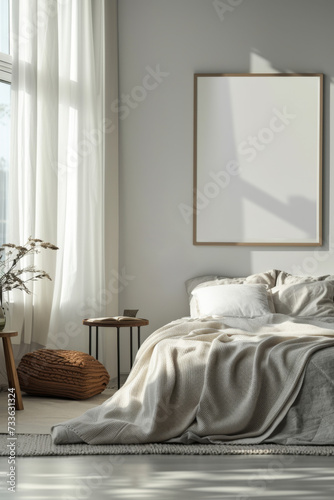 A serene bedroom interior in morning light, featuring a large blank picture frame above the bed, ready for artwork.