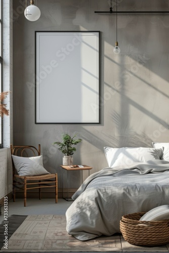 A serene bedroom interior in morning light, featuring a large blank picture frame above the bed, ready for artwork.