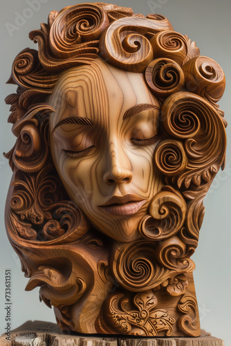 Evoking a sense of timeless beauty, the intricate wooden sculpture of a serene female face is expertly carved.