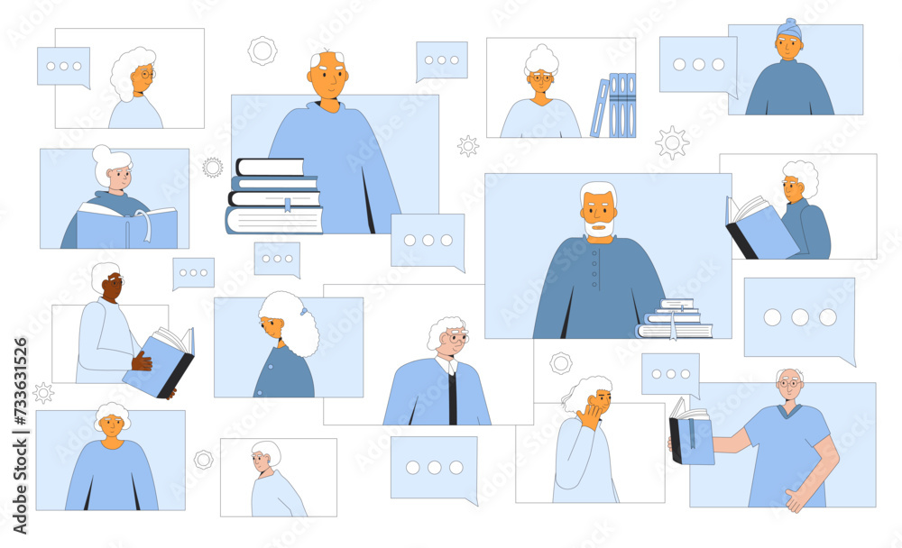 Senior book club online. Elderly people reading together and communication remote. Retirement community helps for lifestyle dealing with loneliness and boredom.Vector illustration Senior book club online. Elderly people reading together and communication remote. Retirement community helps for lifestyle dealing with loneliness and boredom.Vector illustration