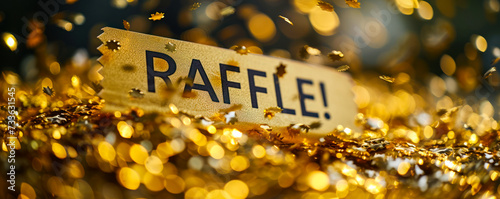 Golden raffle ticket with RAFFLE! text, symbolizing chance, competition, and luck in a prize draw or lottery event with a unique serial number photo