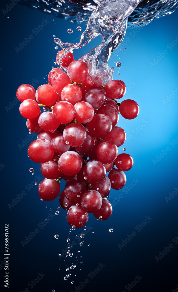 Pink large grapes falling with splashes into water. Banner. Dark background. Pink large grapes falling with splashes into water. Banner. Dark background.