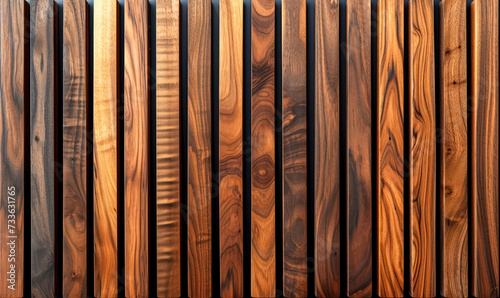 high resolution texture of vertical walnut wood slats for elegant interior design, background or pattern use with natural grain detail photo