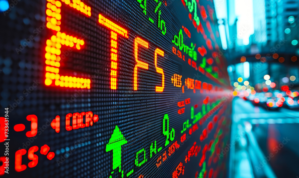 Obraz premium Digital screen showcasing ETFs (Exchange Traded Funds) performance with dynamic green arrows indicating growth in the stock market