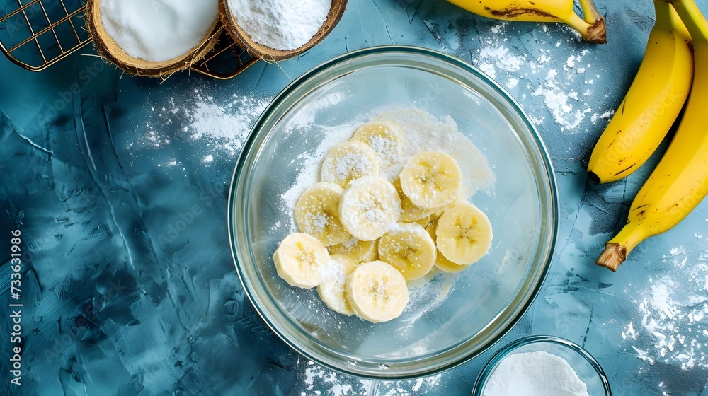 Flat lay Step by step Smashing riped bananas in a glass mixing bowl to prepare coconut banana pancakes. with copy space image. Place for adding text or design Flat lay Step by step Smashing riped bananas in a glass mixing bowl to prepare coconut banana pancakes. with copy space image. Place for adding text or design