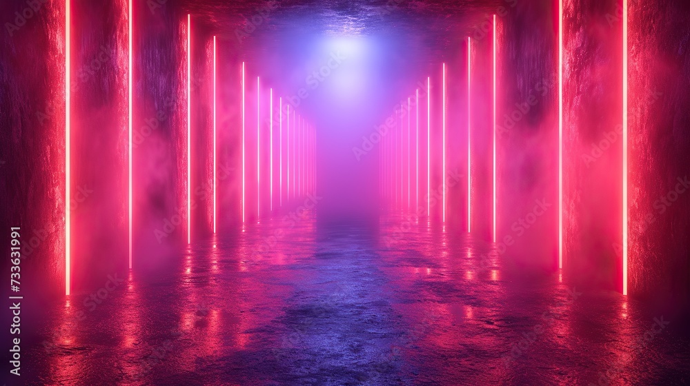 3d render, abstract panoramic red blue pink neon background with arrows showing right direction, glowing in the dark 3d render, abstract panoramic red blue pink neon background with arrows showing right direction, glowing in the dark