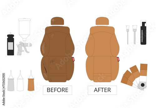 Leather car seats restoration before and after. Collection of isolated auto service tools. Repair cleaning painting interior automobile. Vector illustration in flat