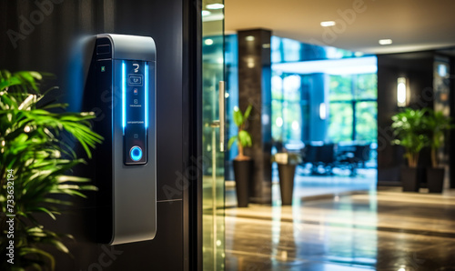 Modern office entrance with a biometric security access control system on the wall, ensuring restricted and safe entry photo