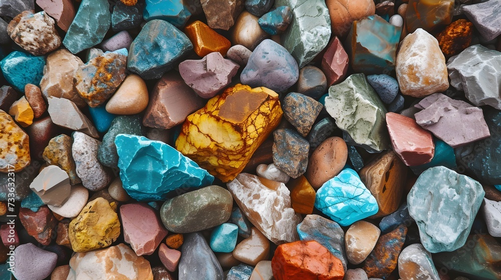Flat lay of colorful rocks, meticulously arranged by color for a geological display Flat lay of colorful rocks, meticulously arranged by color for a geological display