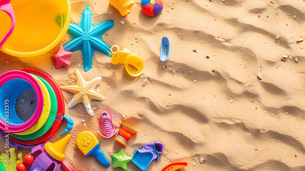 Flat lay of beach toy kit on sand, space for text. Outdoor play
