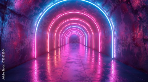 3d render, abstract panoramic red blue pink neon background with arrows showing right direction, glowing in the dark