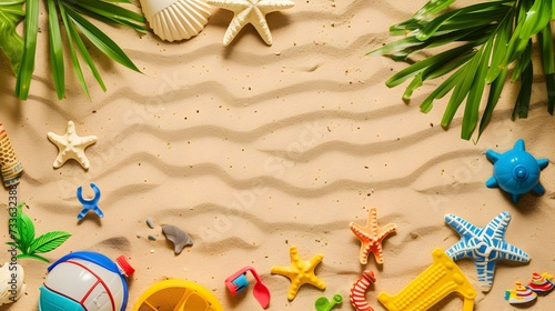 Flat lay of beach toy kit on sand, space for text. Outdoor play