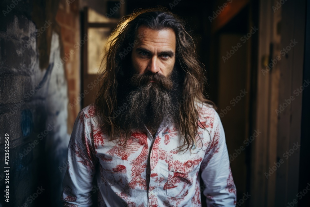 Portrait of a man with long beard and mustache in a shirt Portrait of a man with long beard and mustache in a shirt