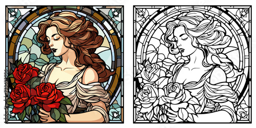 A Beautiful Woman Holding Bouquet of Red Roses with Presents Coloring Page Stained Glass Vector Art