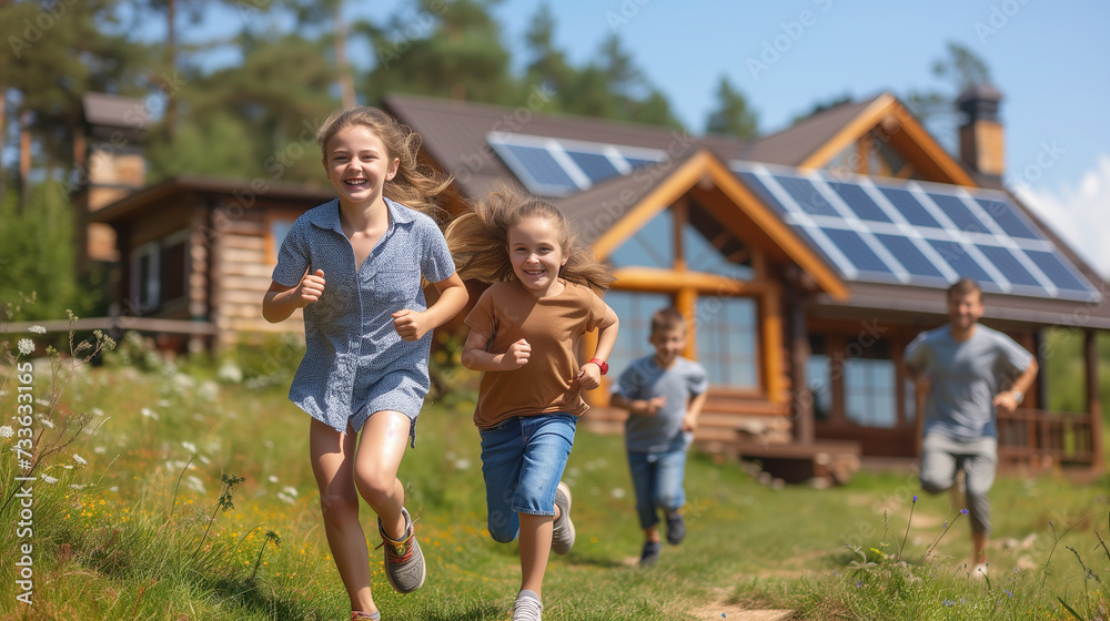 Solar cell. Happy family running near their house with solar panels on roof. Alternative energy, saving resources and sustainable lifestyle concept. Solar cell. Happy family running near their house with solar panels on roof. Alternative energy, saving resources and sustainable lifestyle concept.