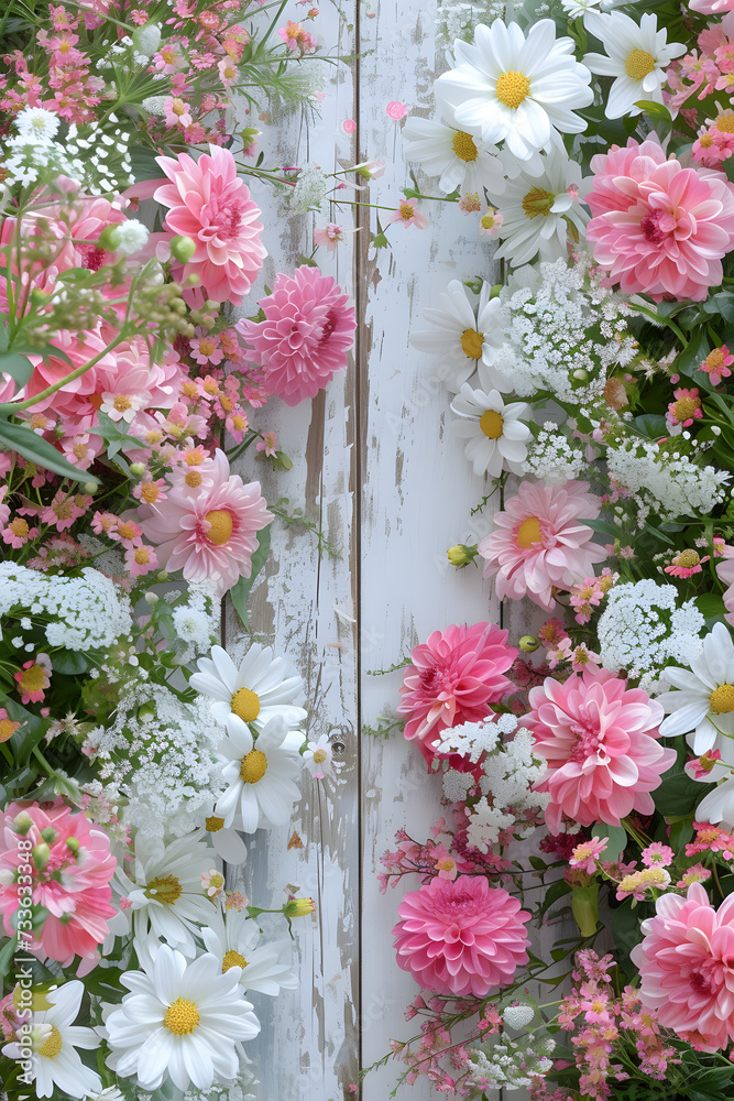 flowers in a garden against a old white painted wooden wall