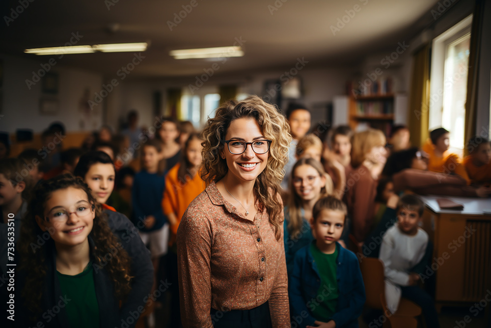 Fototapeta premium a young woman stands surrounded by children
