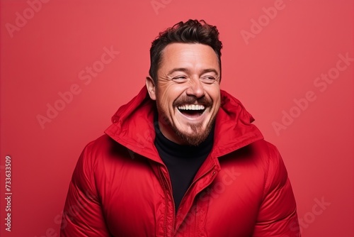 Portrait of a laughing man in a red jacket over red background. © Iigo