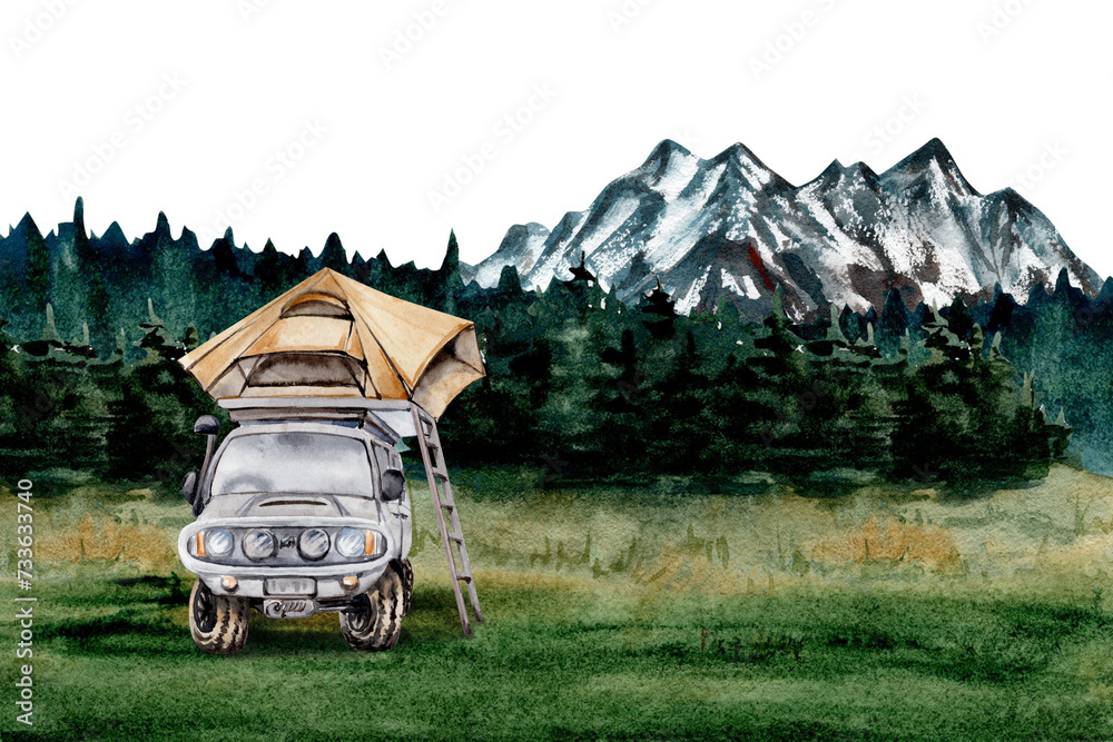 Camping card design template with 4x4 off road car, roof top tent and ladder. Mountains backdrop. For tourist or travel prints, cards, fliers. Watercolor illustration on transparent background.