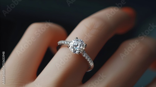 Elegant engagement diamond ring on woman's finger on dark background