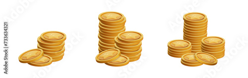 Game Coin Stack set 3d render isolated. Gold Money on white background. Coin with star for game reward and prize. Vector 3d illustration.